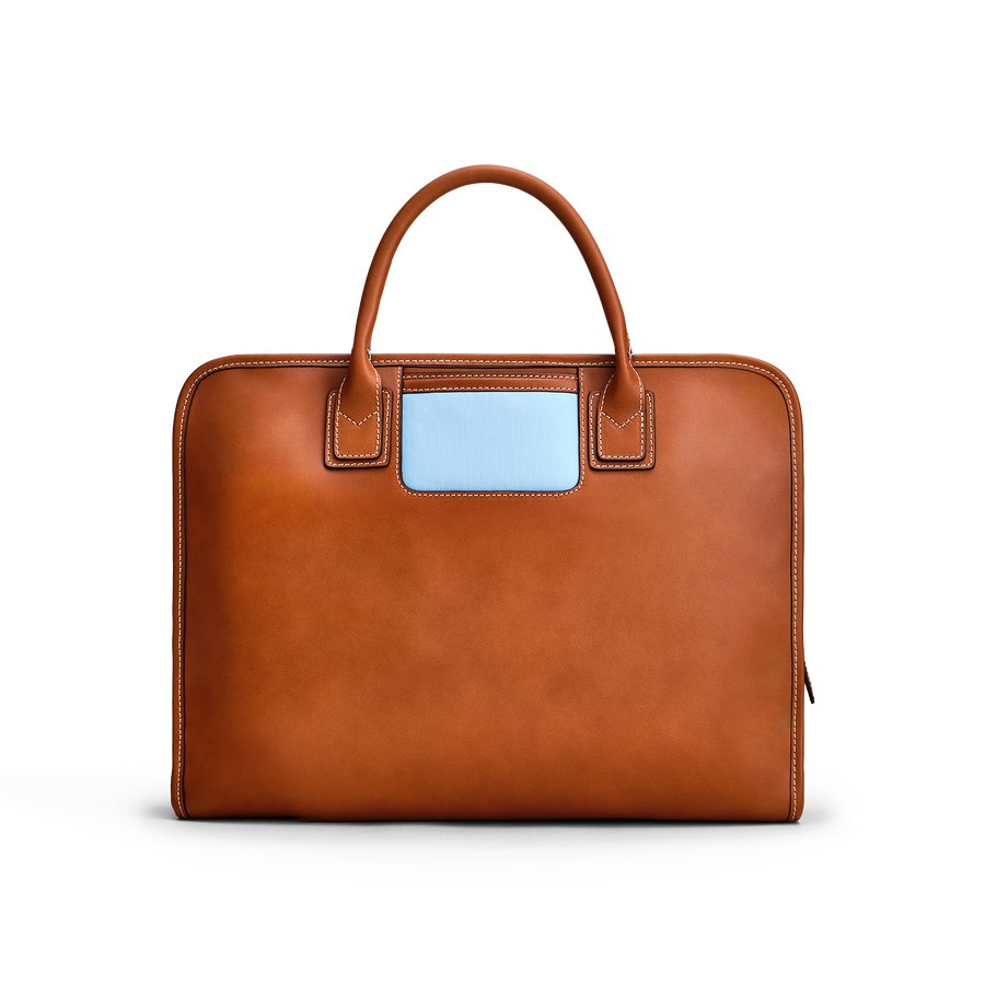 The Briefcase - Cognac/Light Blue